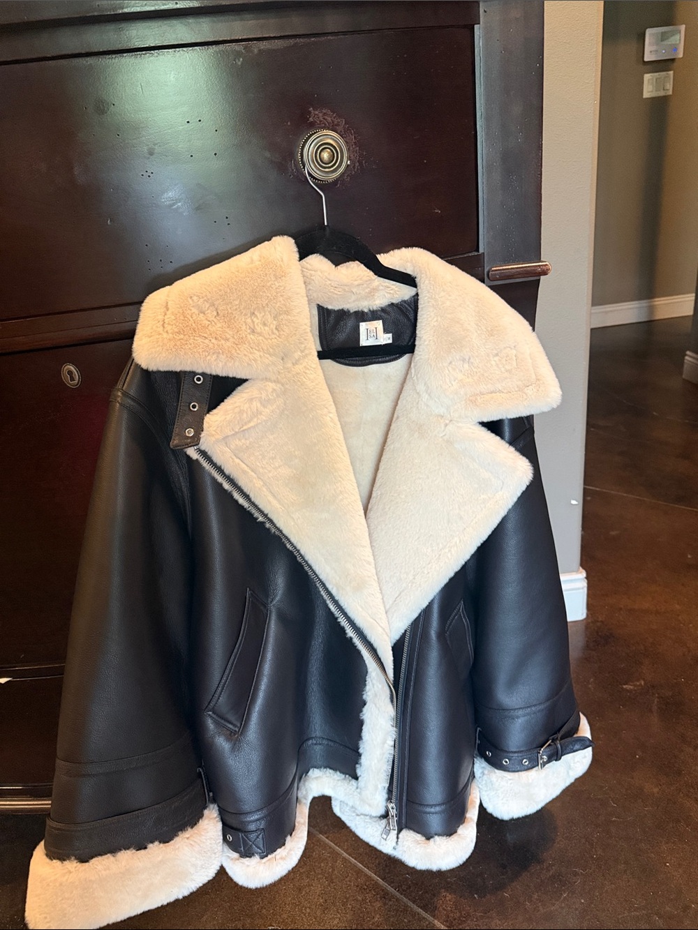 Faux Shearling Trim Chocolate Brown Aviator Jacket - Cream Lining